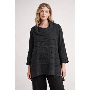 Artisan Style Black Cotton Textured Tunic Top Cowl Neck Oversized M L